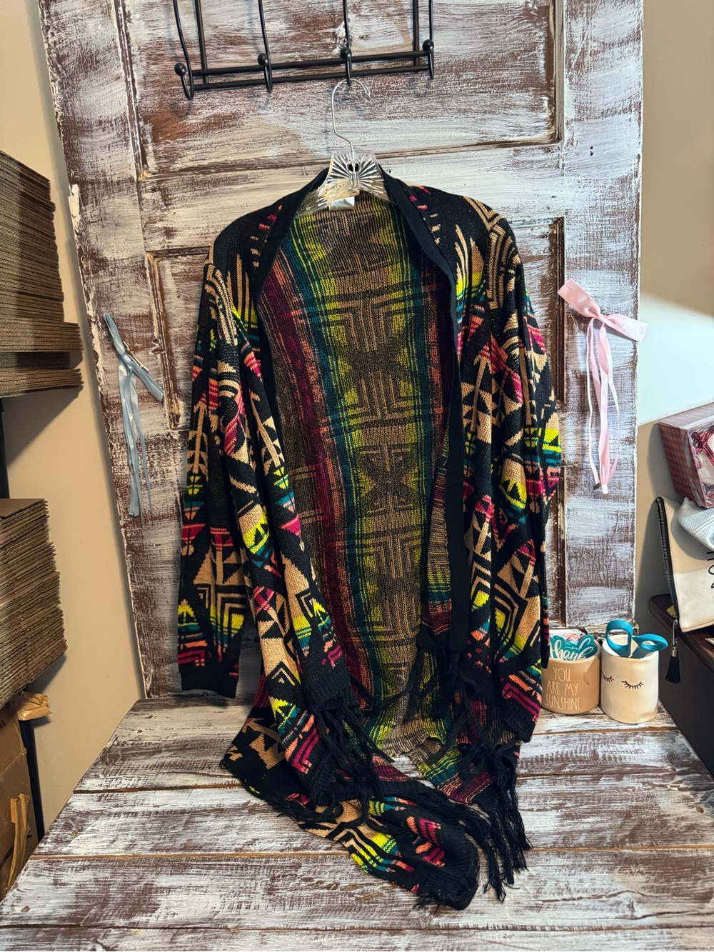 Open-Front Aztec Fringe Cardigan - Black Multi